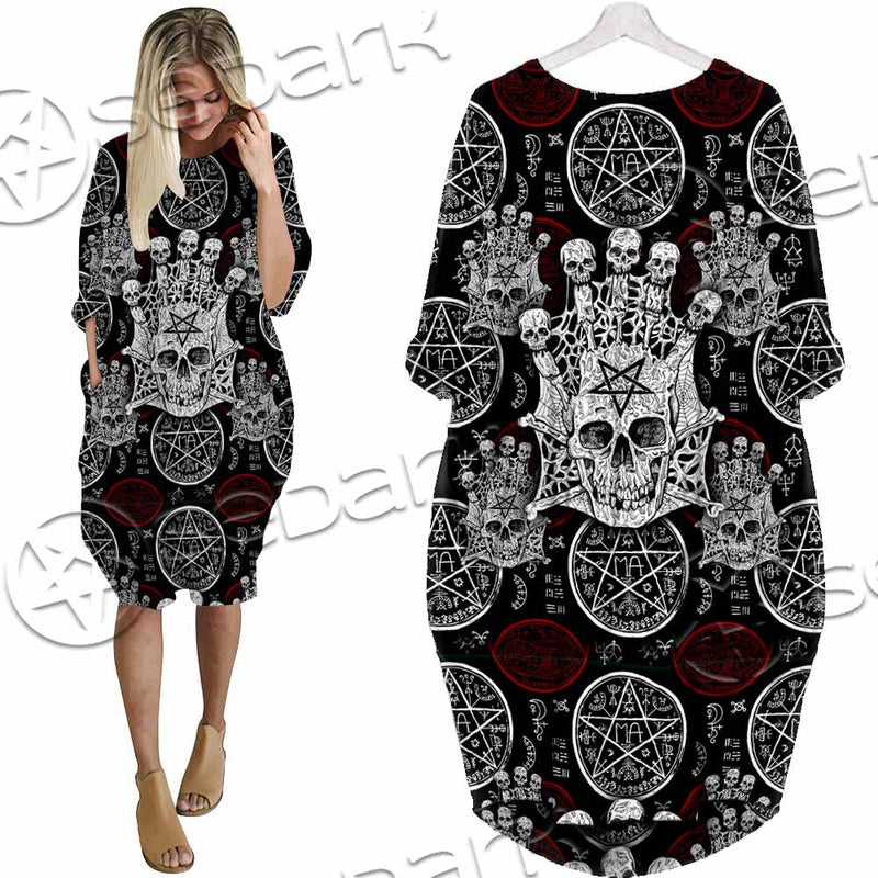 Evil Skull And Pentagram On Red SED-1157 Batwing Pocket Dress