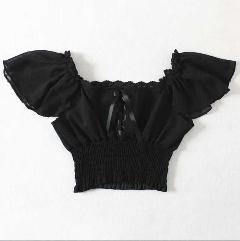 Short Sleeve Slash Neck Lace-Up Sexy Crop Top