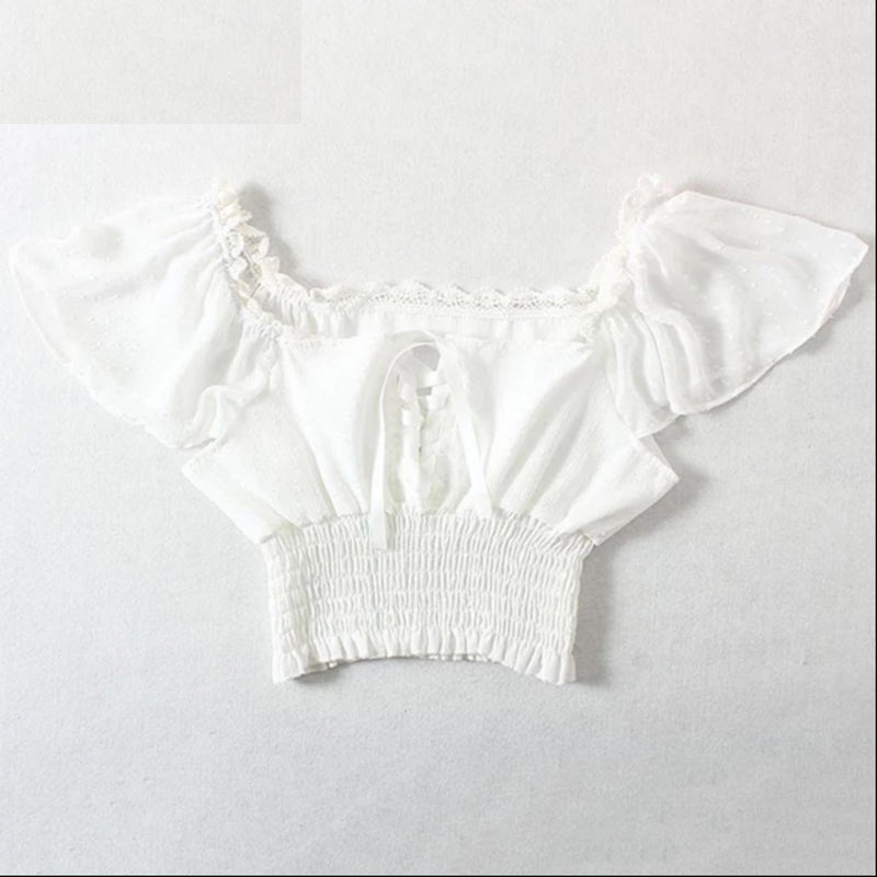 Short Sleeve Slash Neck Lace-Up Sexy Crop Top