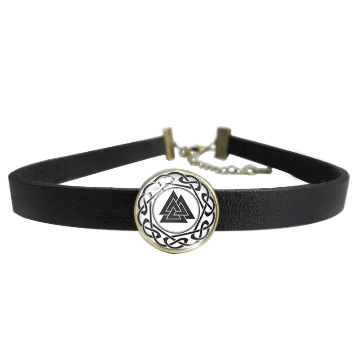 Viking Shield Vegvisir Glass Leather Choker Necklace