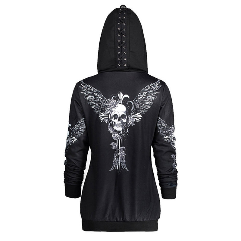 Gothic Skull Wing Print Black Hoodie