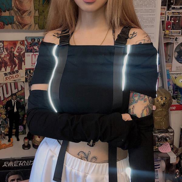 Reflective Patchwork Black Crop Tops