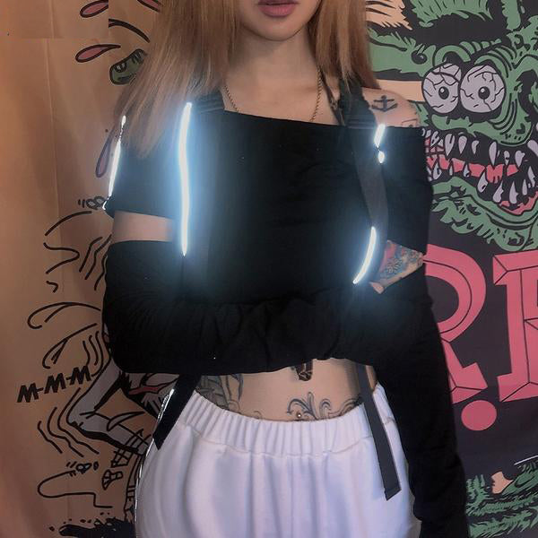 Reflective Patchwork Black Crop Tops