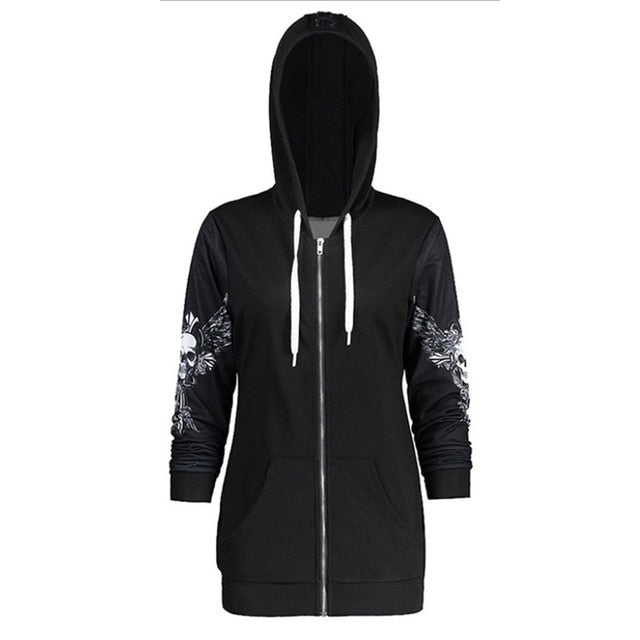 Gothic Skull Wing Print Black Hoodie