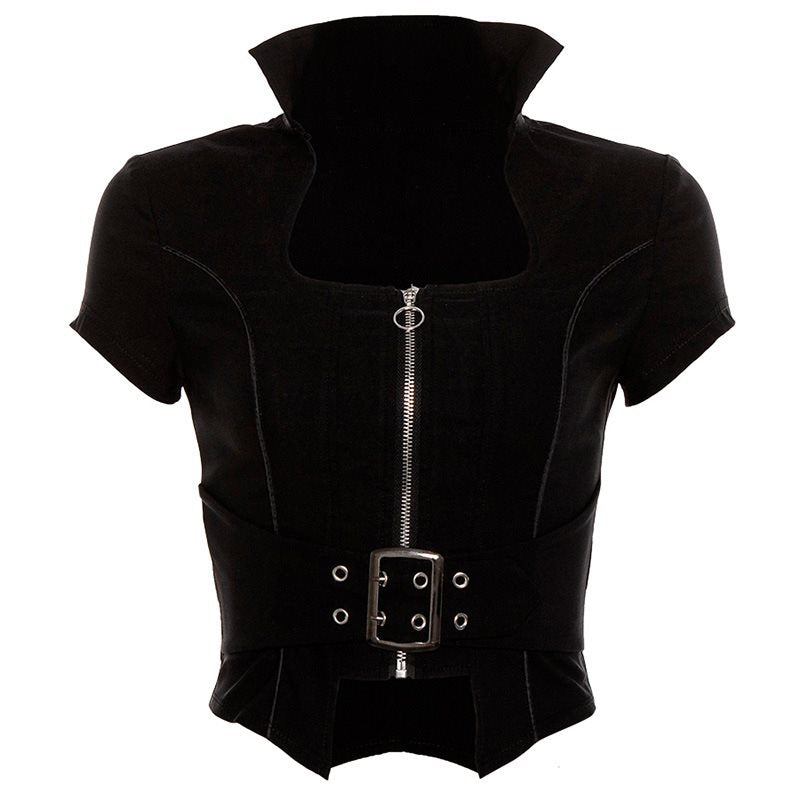 Gothic Punk Black Plain Zipper Top Tee