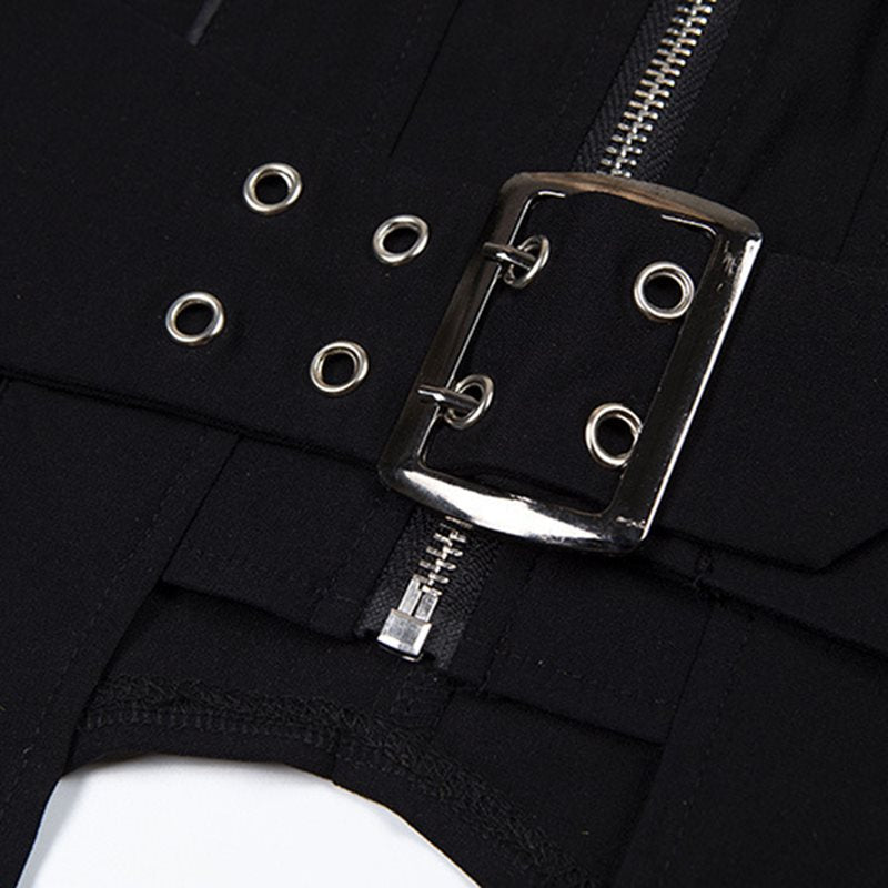 Gothic Punk Black Plain Zipper Top Tee