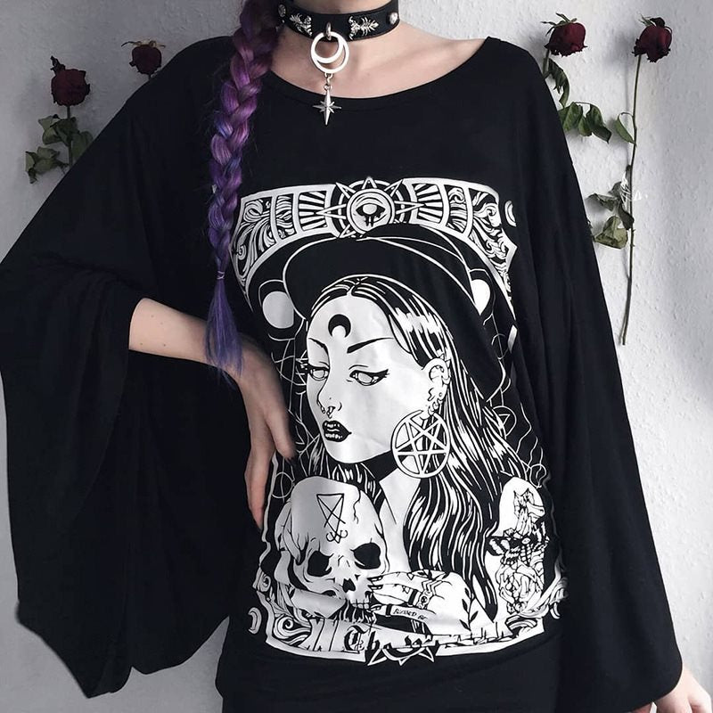 Gothic Cartoon Print Long T-Shirts