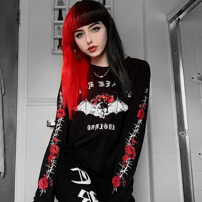 Gothic Rose Skull Printed Black Pullover Hoodie