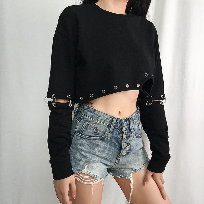 Gothic Detachable Sleeve Metal Iron Ring Stitching Hollow Top