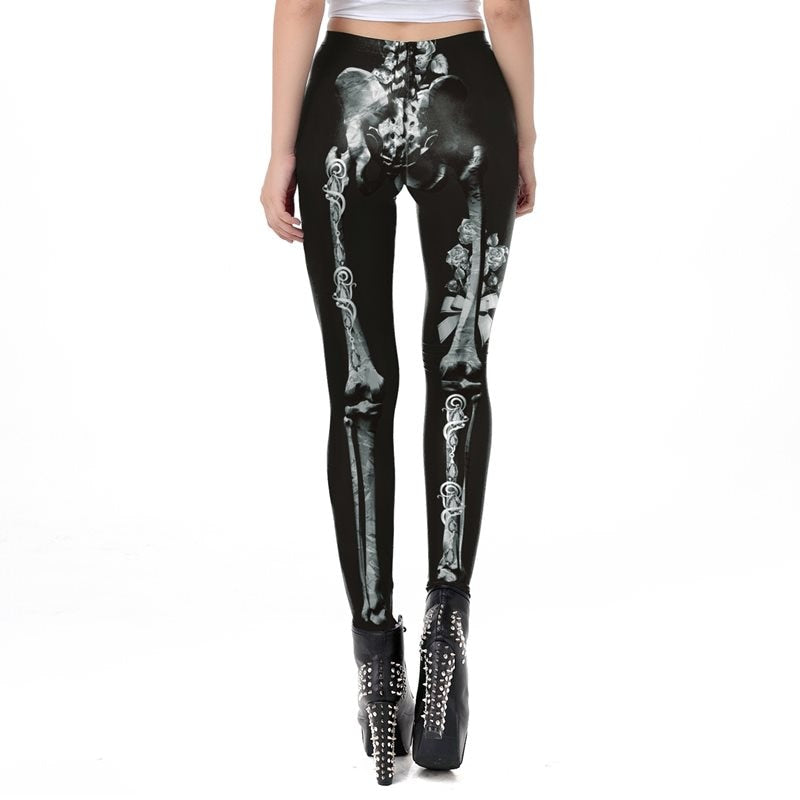 Punk Gothic Black Skull Floral Rivet Print Leggings