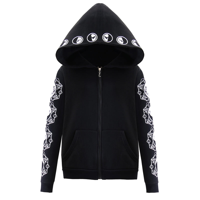Dark Moon Print Hoodie Zipper