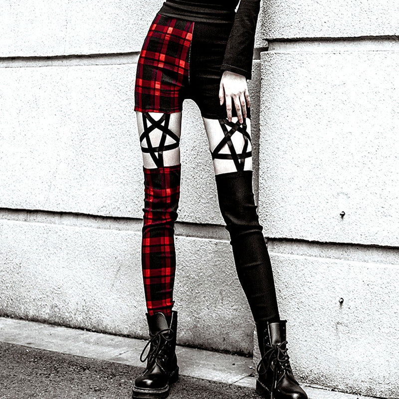 Sexy Red Plaid Pentagram Leggings