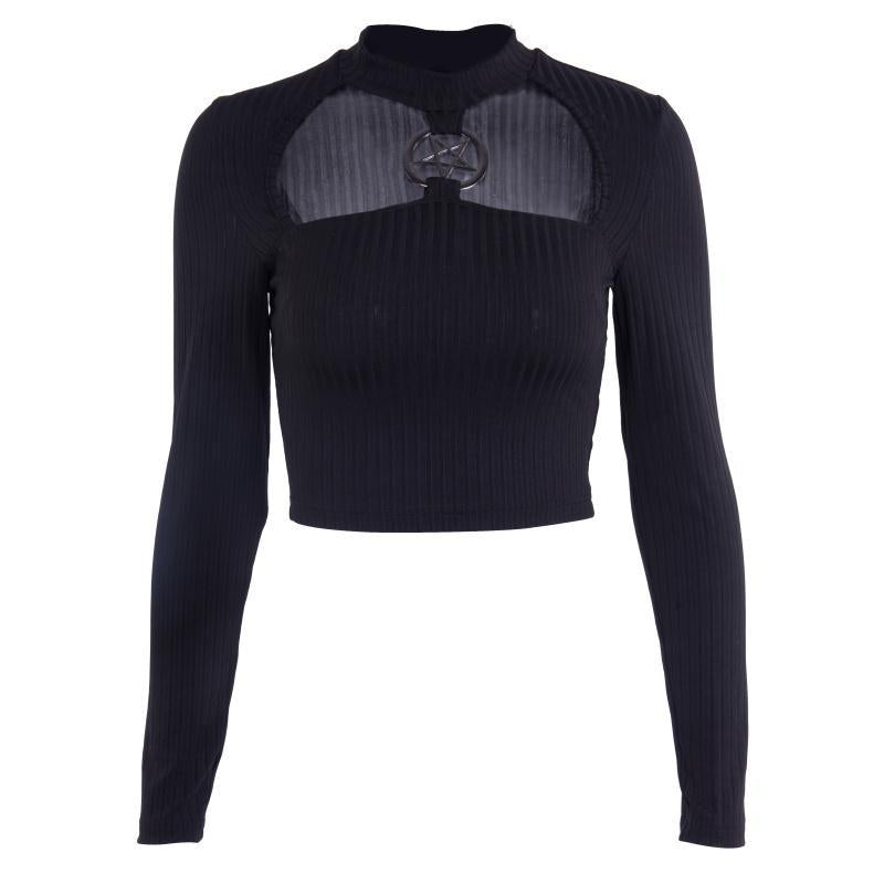 Pentagram Long Sleeve Black Slim Crop Tops