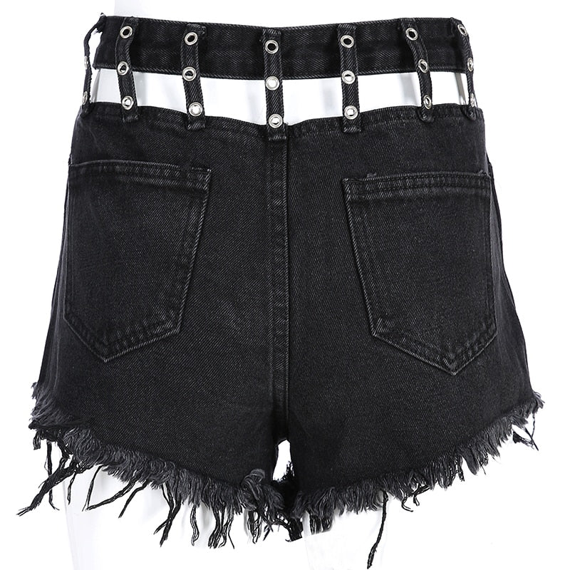 Punk Streetwear Sexy Elelet Hollow Back Denim Shorts